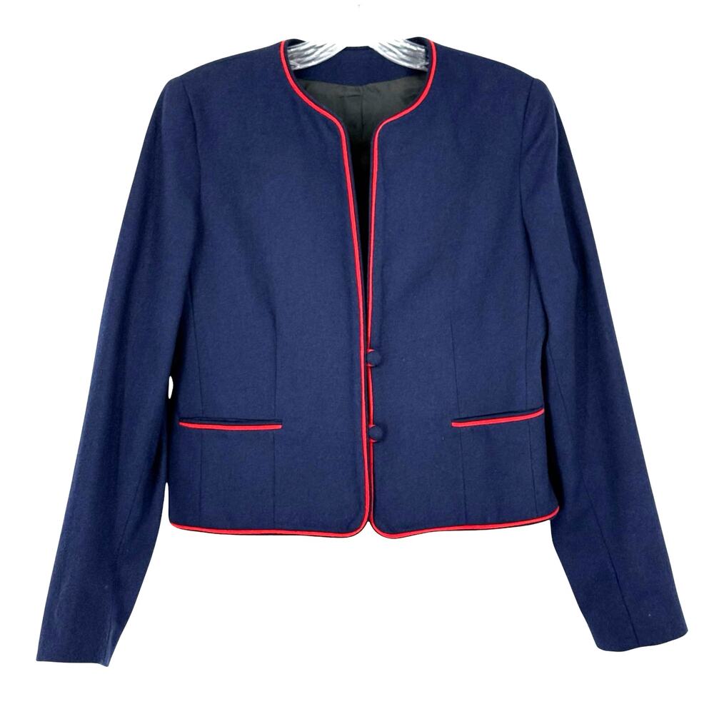 Vintage Navy Red Glen Aire Wool Feel Blazer Sz 9/10 Preppy Old Money Basic
